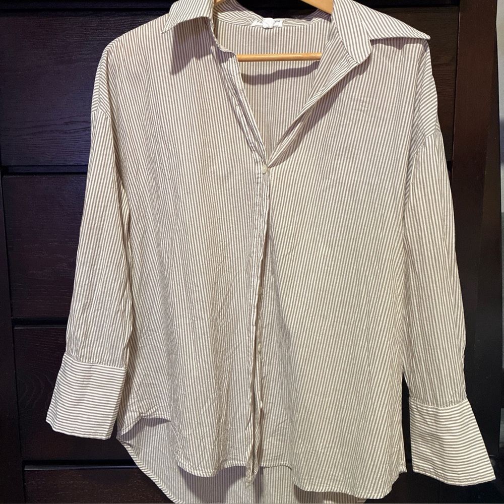 Felicite brown & white striped button down shirt 100% cotton size 2 light weight